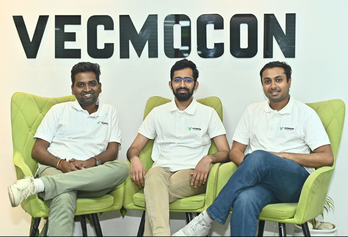 A graphic displaying the Vecmocon Technologies logo alongside text announcing "Series A Funding $18 Million" and images of electric two-wheelers and three-wheelers, symbolizing their focus on EV technology.